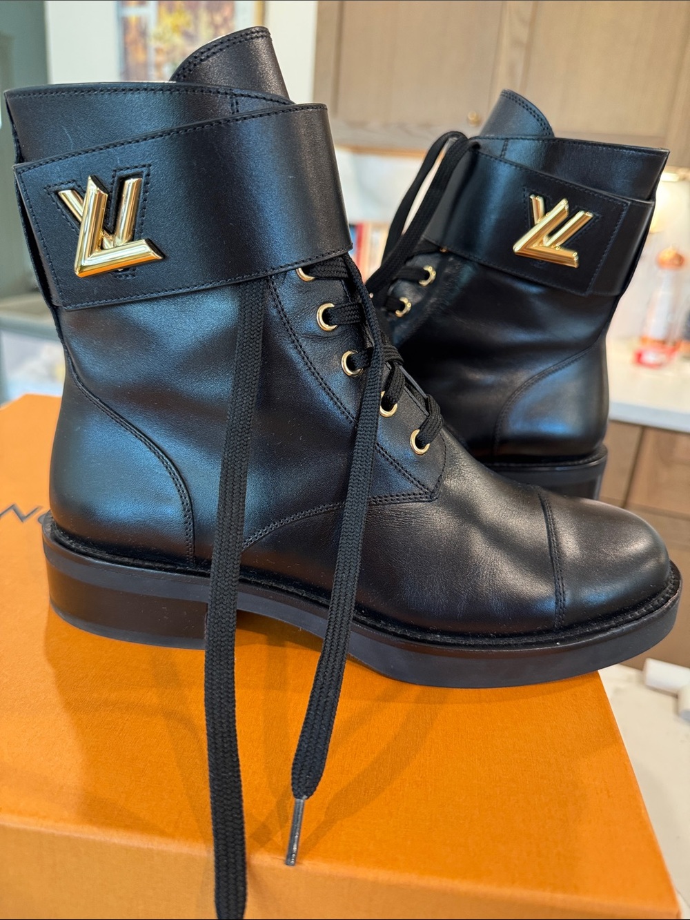 Louis Vuitton Black Leather Lace-Up Ankle Boots with Gold LV Strap